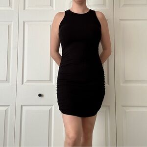 Black ribbed ruched bodycon dress